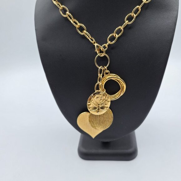 Vintage Goldtone Open Link Choker Necklace Multi Charm Pendant Enamel Hearts - Picture 7 of 10